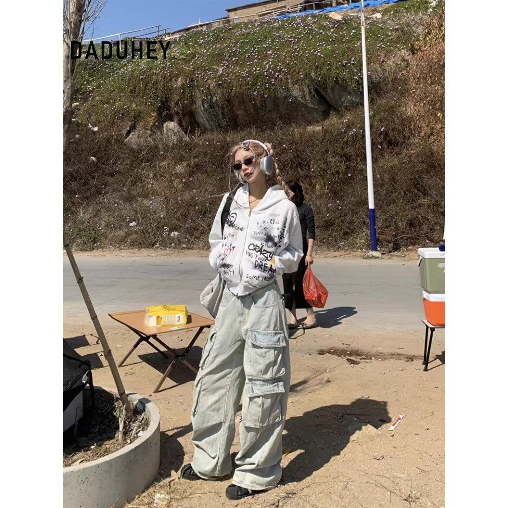 DADUHEY Blue Multi-Pocket Wide-Leg Cargo Pants Women | Low-Waist Denim