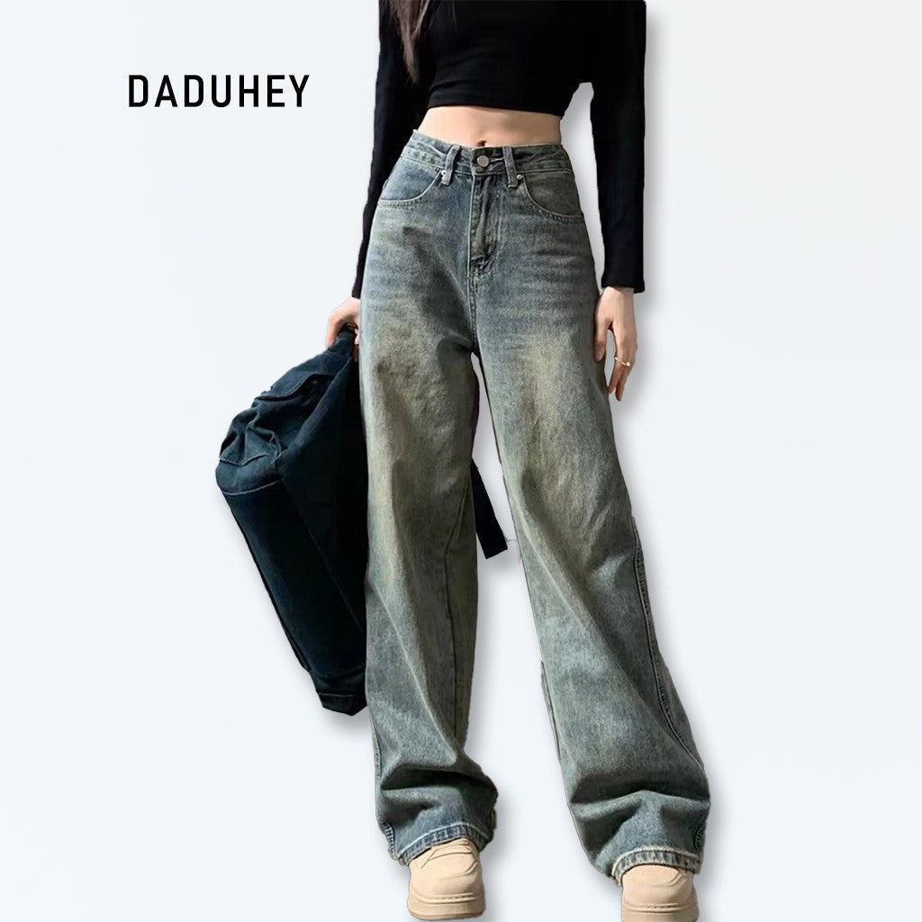 DADUHEY Vintage Blue High-Waist Straight Jeans Women | Retro