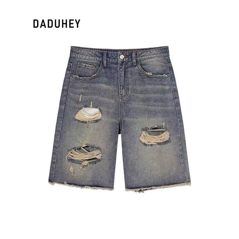 DADUHEY Retro Ripped Wide-Leg Denim Shorts Women | 513