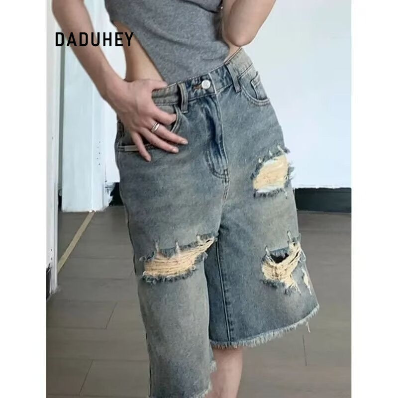 DADUHEY Retro Ripped Wide-Leg Denim Shorts Women | 513