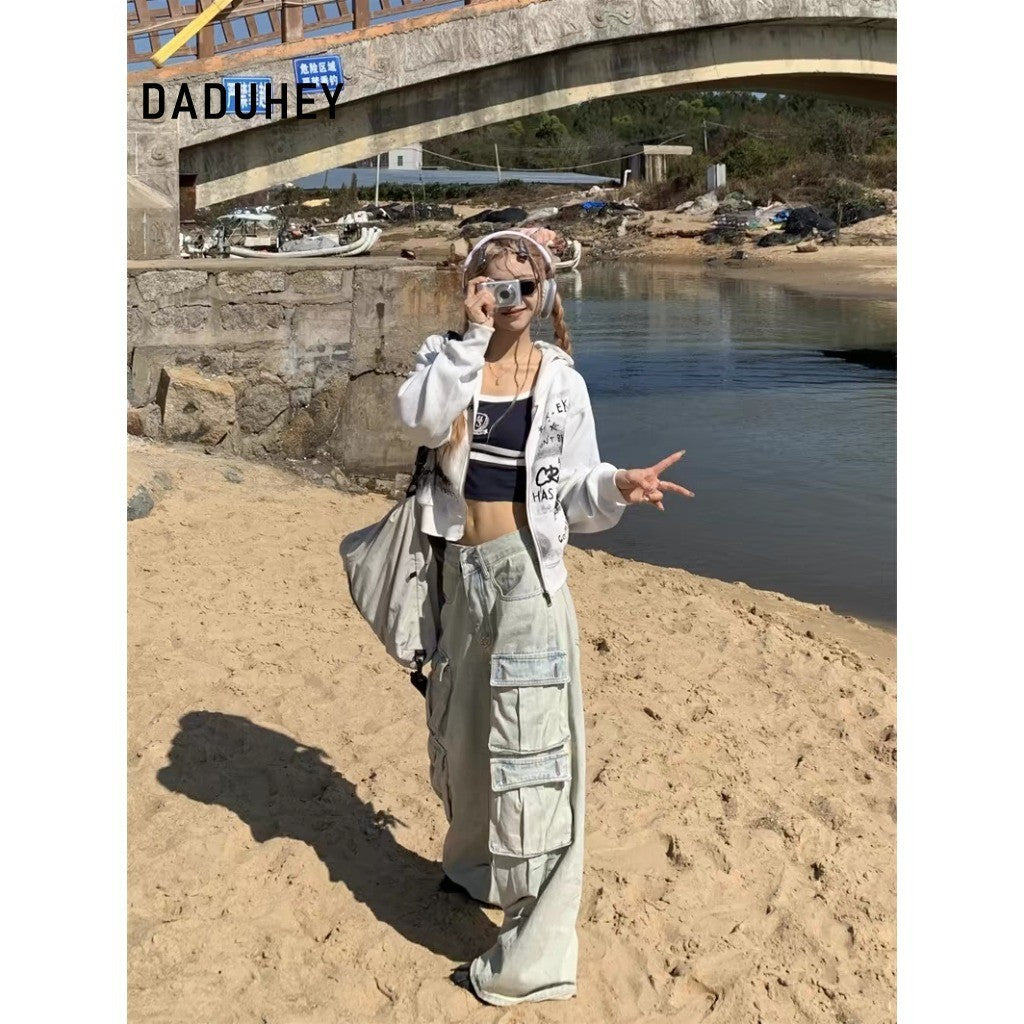 DADUHEY Blue Multi-Pocket Wide-Leg Cargo Pants Women | Low-Waist Denim