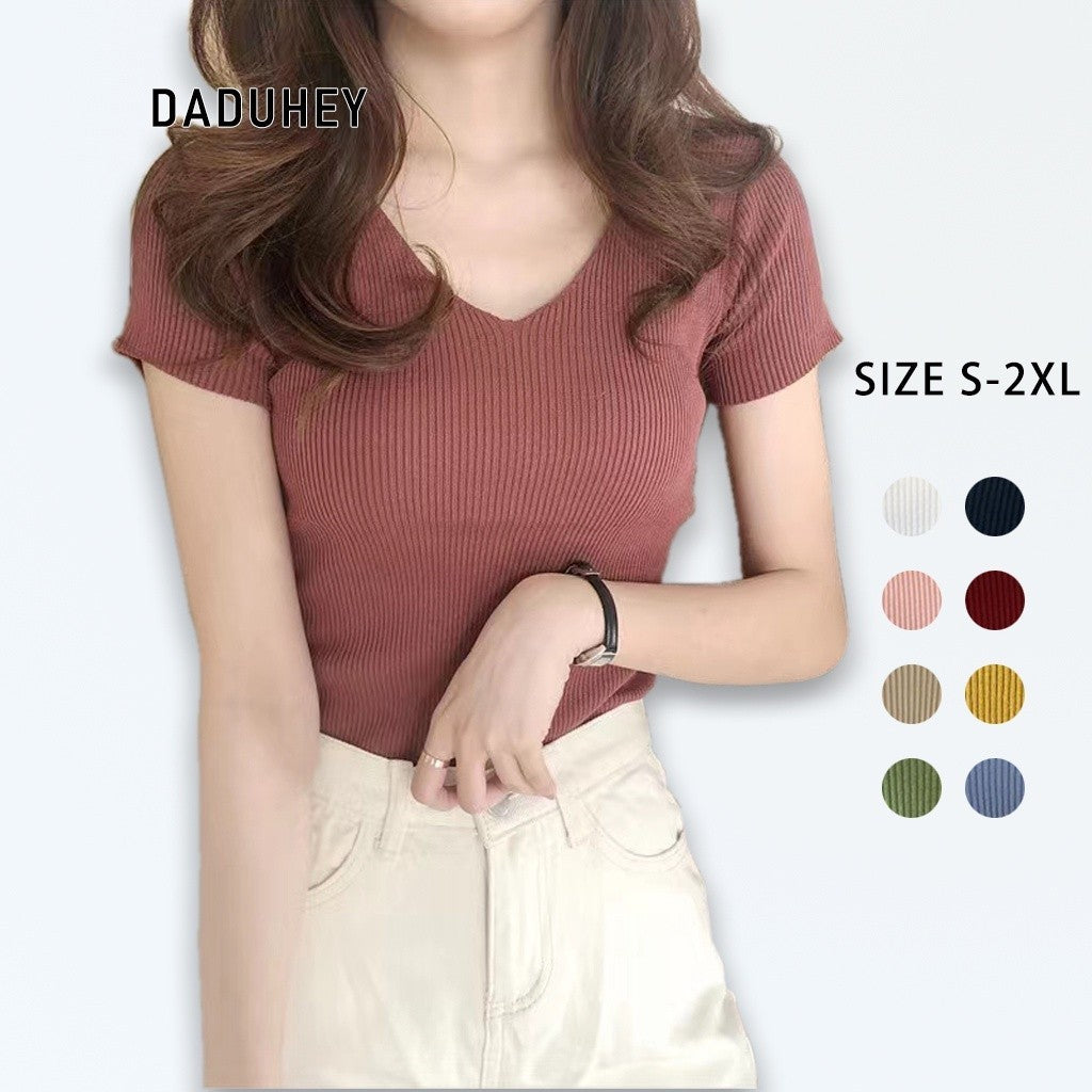 DADUHEY Plus Size Knitted V-Neck Top Women | Slim Short Sleeve