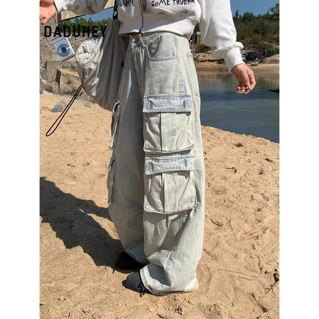 DADUHEY Blue Multi-Pocket Wide-Leg Cargo Pants Women | Low-Waist Denim