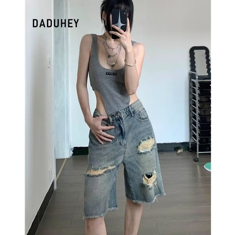 DADUHEY Retro Ripped Wide-Leg Denim Shorts Women | 513