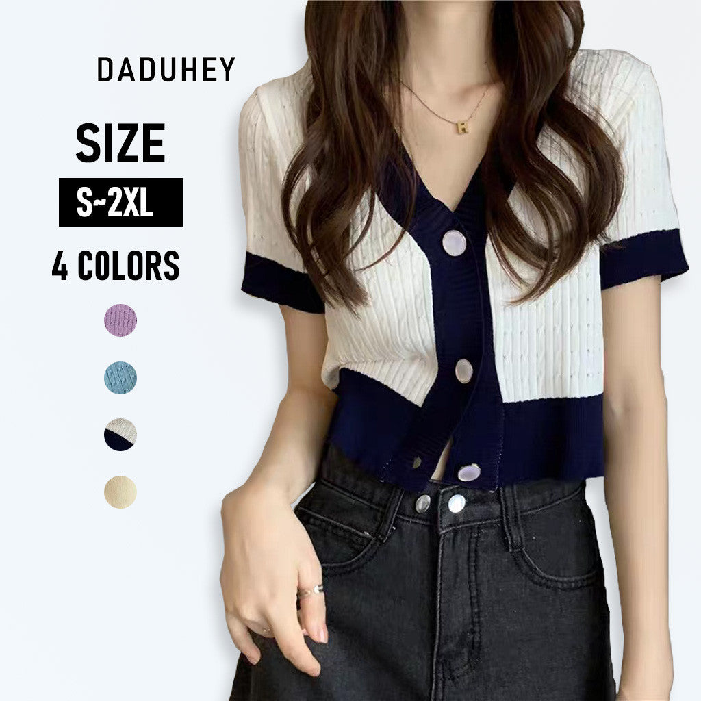 DADUHEY V-Neck Short-Sleeve Knitted T-Shirt Women