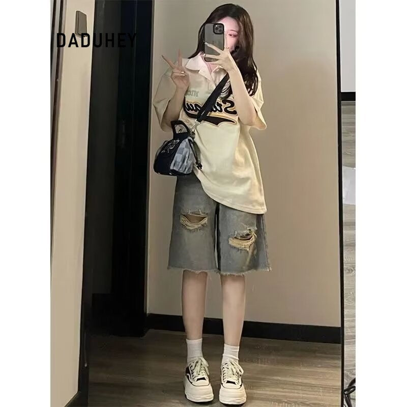 DADUHEY Retro Ripped Wide-Leg Denim Shorts Women | 513