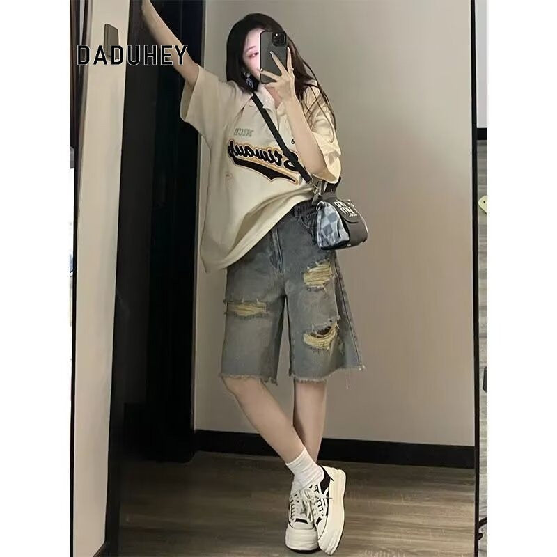 DADUHEY Retro Ripped Wide-Leg Denim Shorts Women | 513