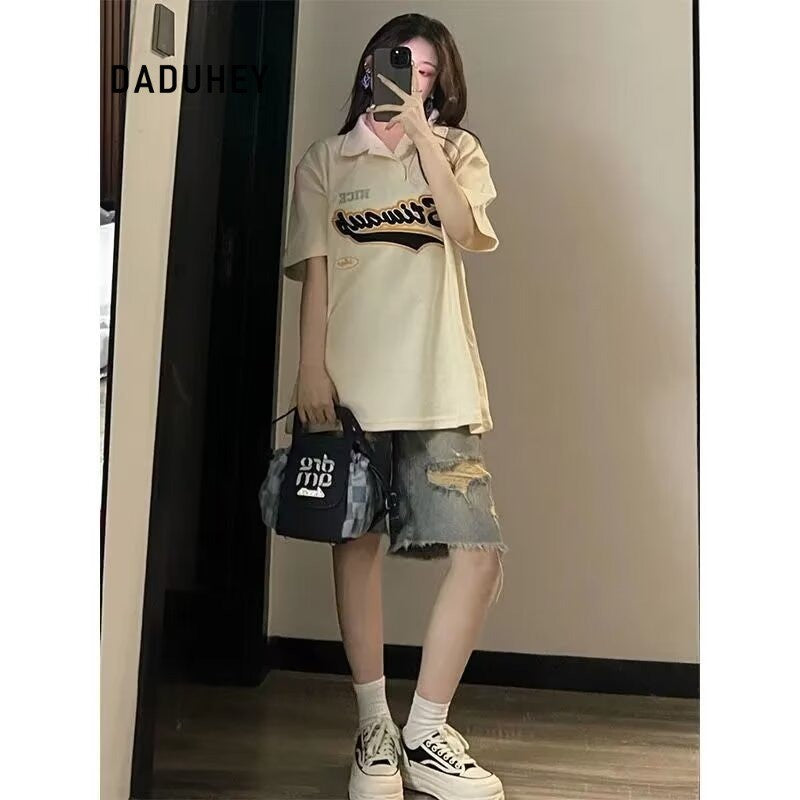 DADUHEY Retro Ripped Wide-Leg Denim Shorts Women | 513