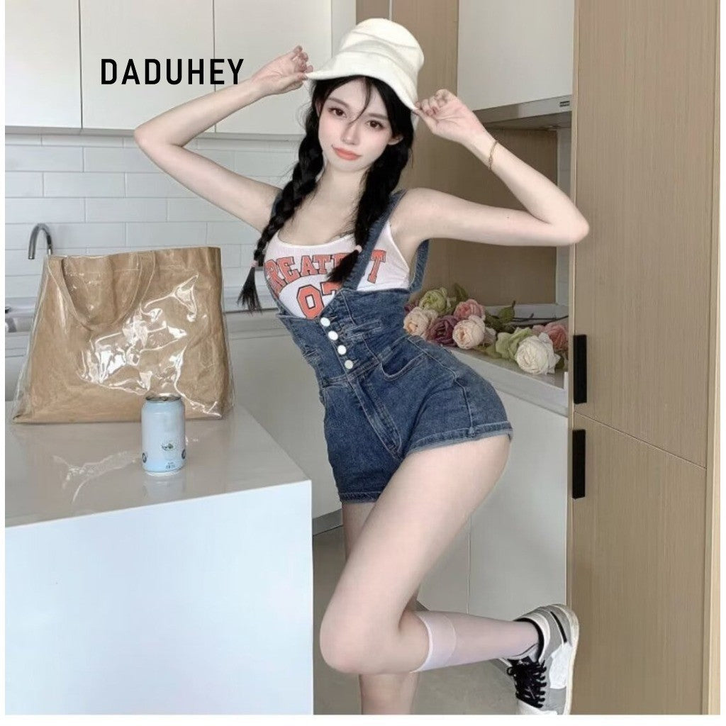 DADUHEY Blue Denim Suspender Shorts Women | High-Waist Slim