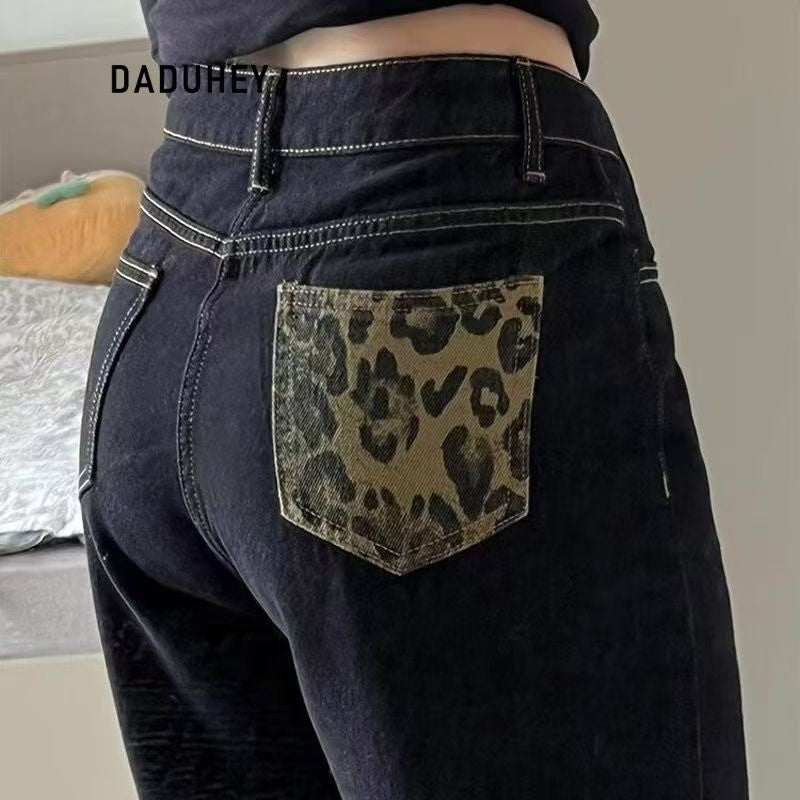 DADUHEY Leopard Print Wide-Leg Jeans Women | Retro Straight