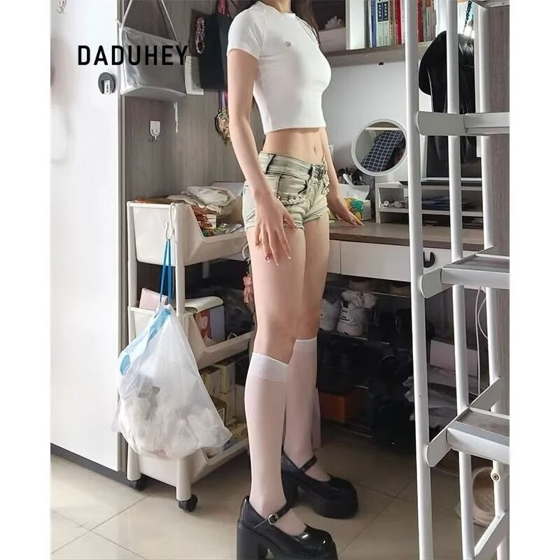 DADUHEY Low-Rise Vintage Wash Denim Shorts Women | Wide-Leg