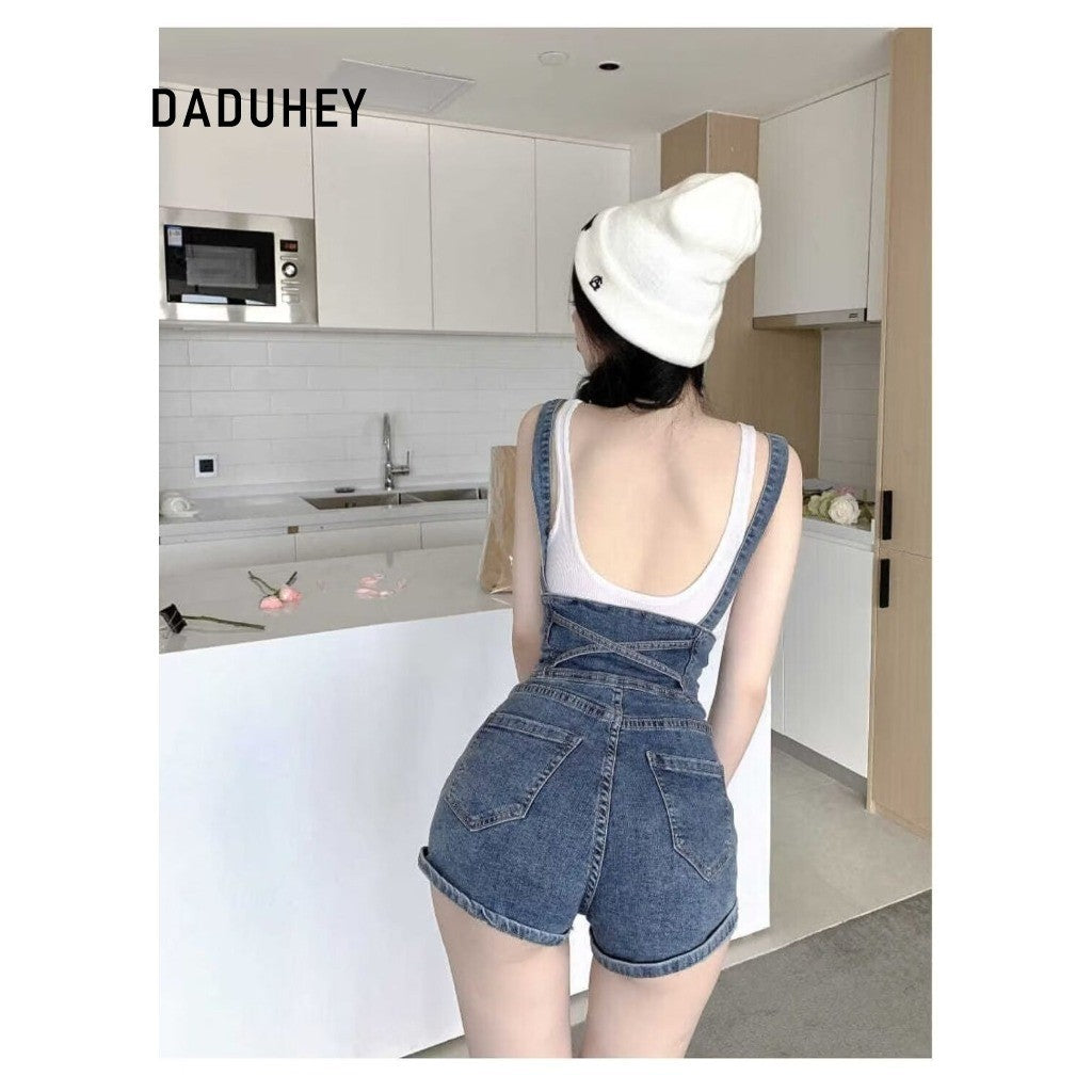 DADUHEY Blue Denim Suspender Shorts Women | High-Waist Slim