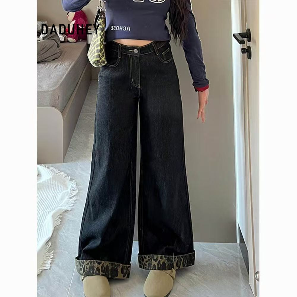 DADUHEY Leopard Print Wide-Leg Jeans Women | Retro Straight