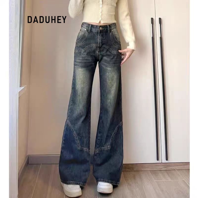 DADUHEY Blue Retro Wide-Leg Jeans Women | Washed Distressed Denim