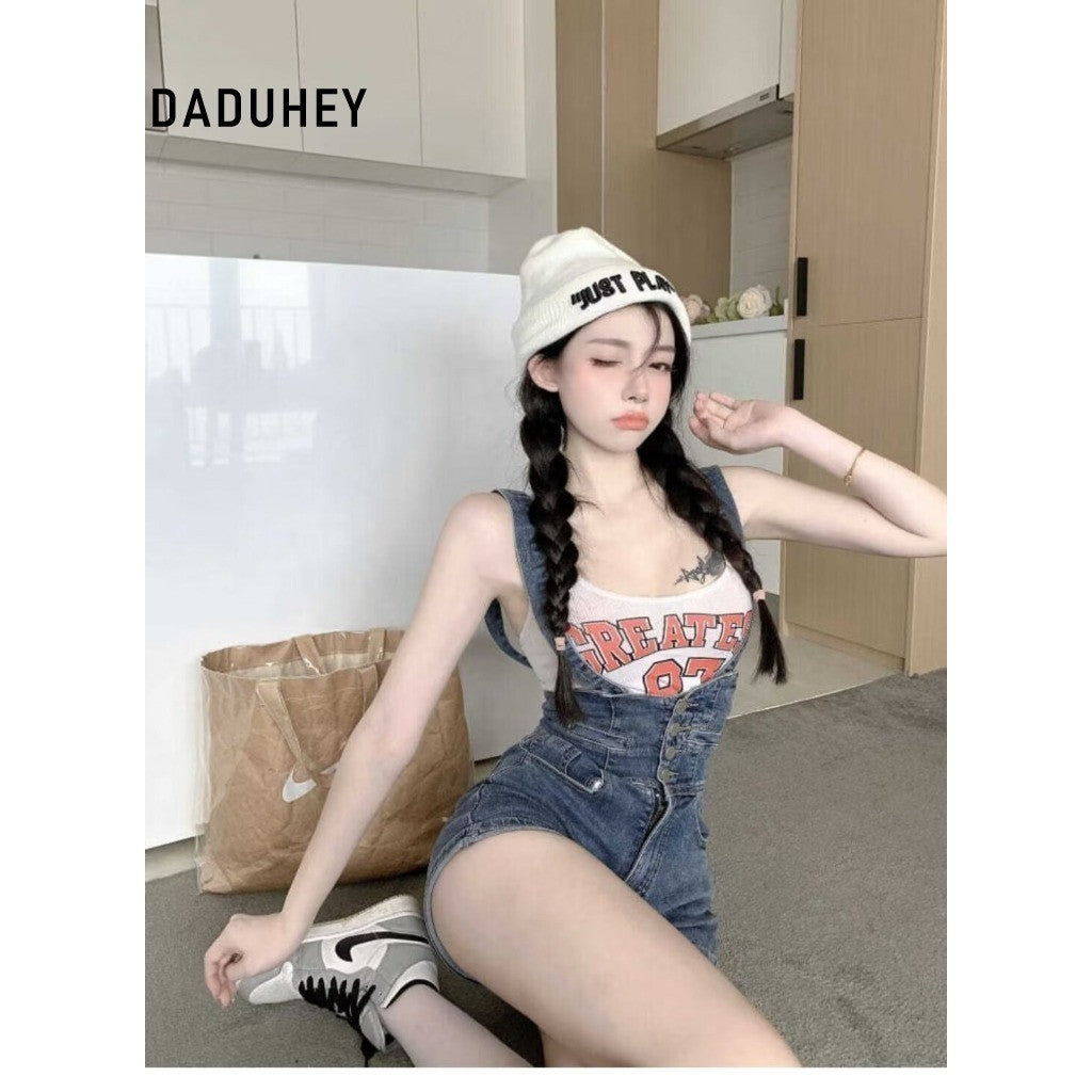DADUHEY Blue Denim Suspender Shorts Women | High-Waist Slim