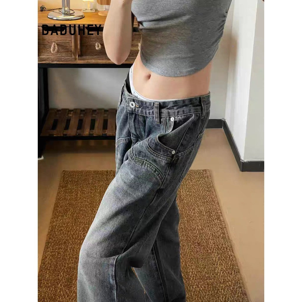 DADUHEY Blue Retro Wide-Leg Jeans Women | Washed Distressed Denim