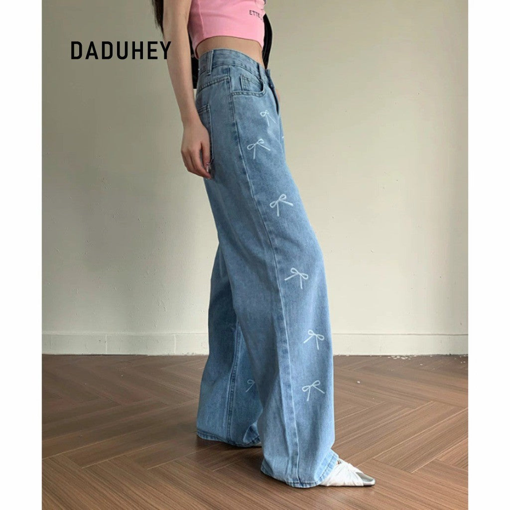 DADUHEY Printed Wide-Leg Jeans Women | Mid-High Waist Bow