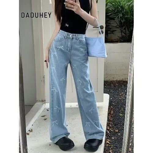 DADUHEY Printed Wide-Leg Jeans Women | Mid-High Waist Bow