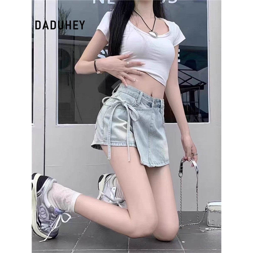 DADUHEY Light Blue Denim Culottes Women | A-Line Lace-Up Shorts Skirt