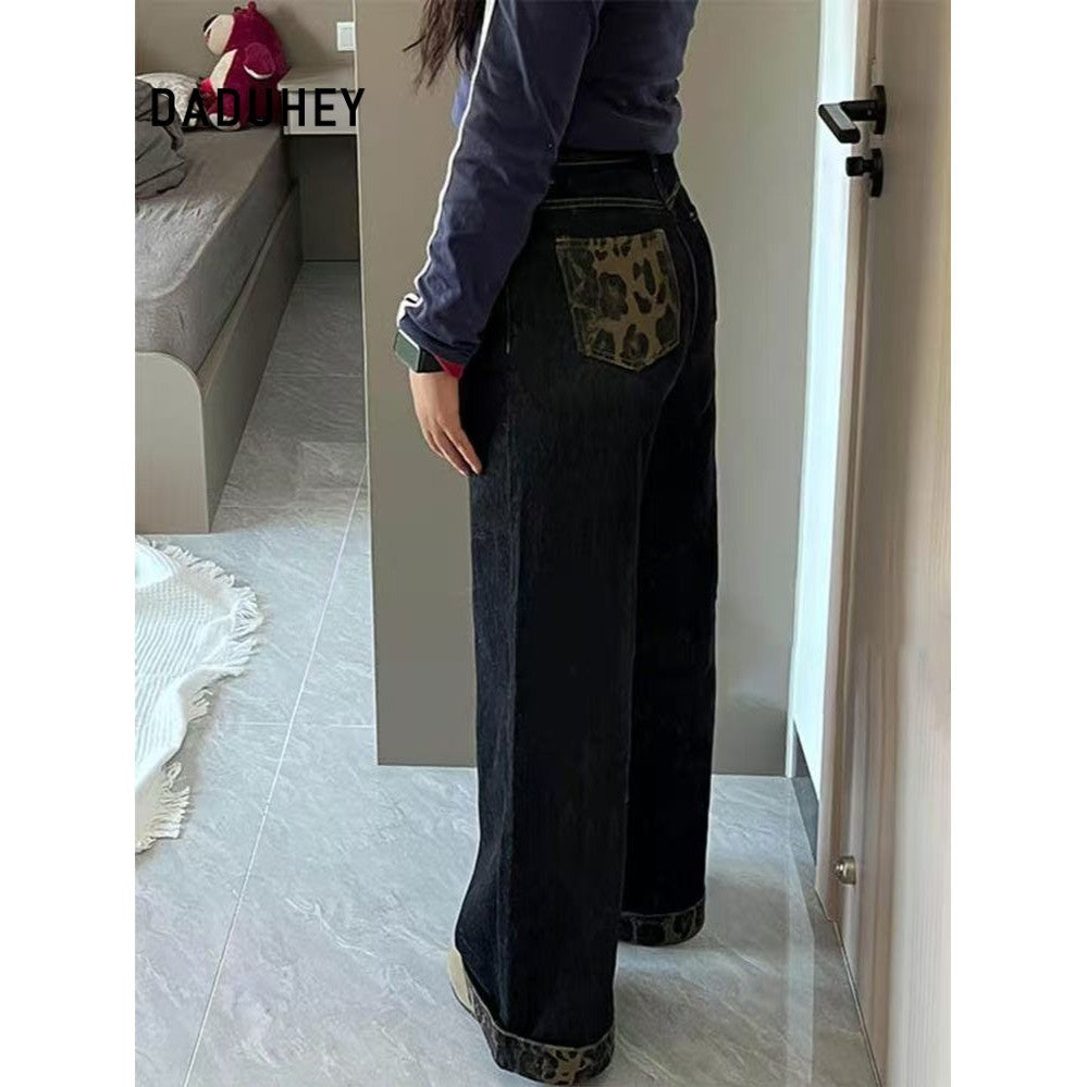 DADUHEY Leopard Print Wide-Leg Jeans Women | Retro Straight