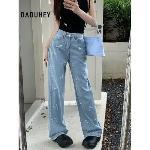 DADUHEY Printed Wide-Leg Jeans Women | Mid-High Waist Bow