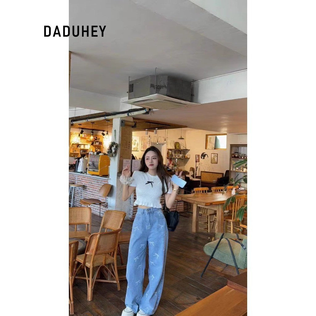 DADUHEY Printed Wide-Leg Jeans Women | Mid-High Waist Bow