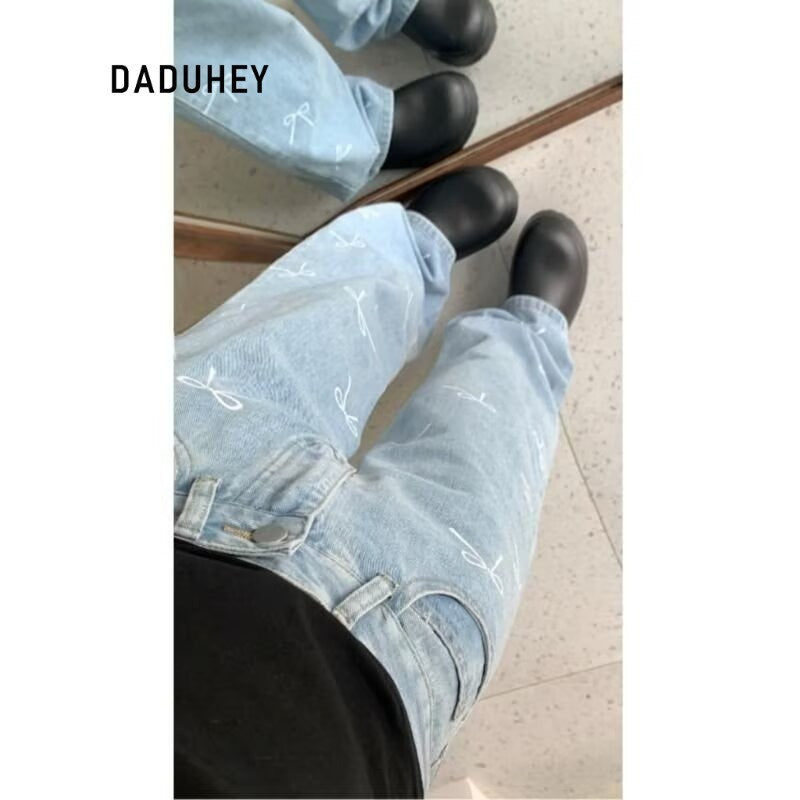 DADUHEY Printed Wide-Leg Jeans Women | Mid-High Waist Bow