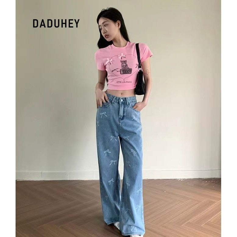 DADUHEY Printed Wide-Leg Jeans Women | Mid-High Waist Bow