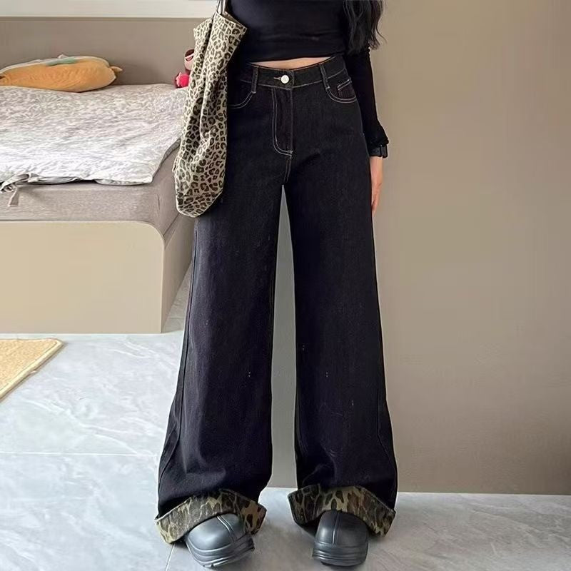 DADUHEY Leopard Print Wide-Leg Jeans Women | Retro Straight