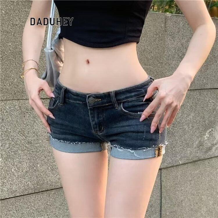 DADUHEY Blue Low-Waist Denim Hot Pants Women | Retro Fitted Shorts