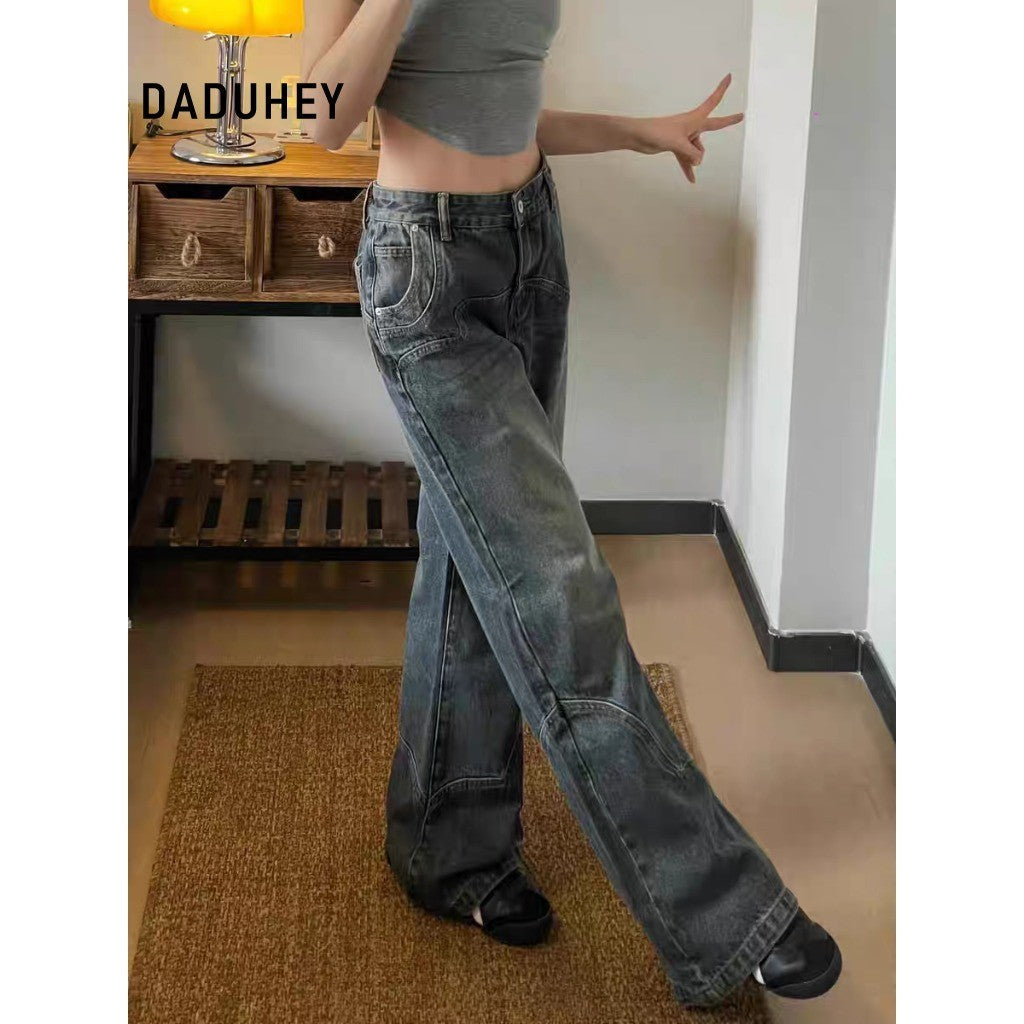 DADUHEY Blue Retro Wide-Leg Jeans Women | Washed Distressed Denim