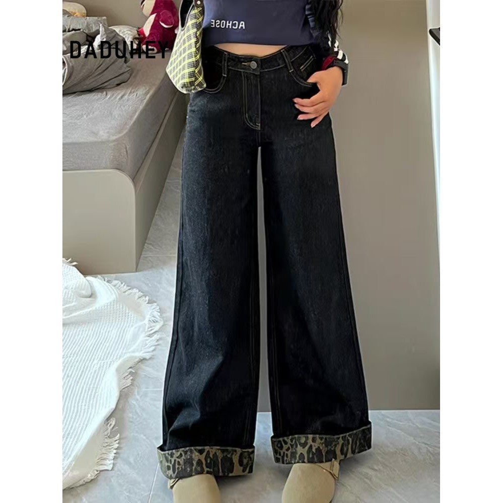 DADUHEY Leopard Print Wide-Leg Jeans Women | Retro Straight