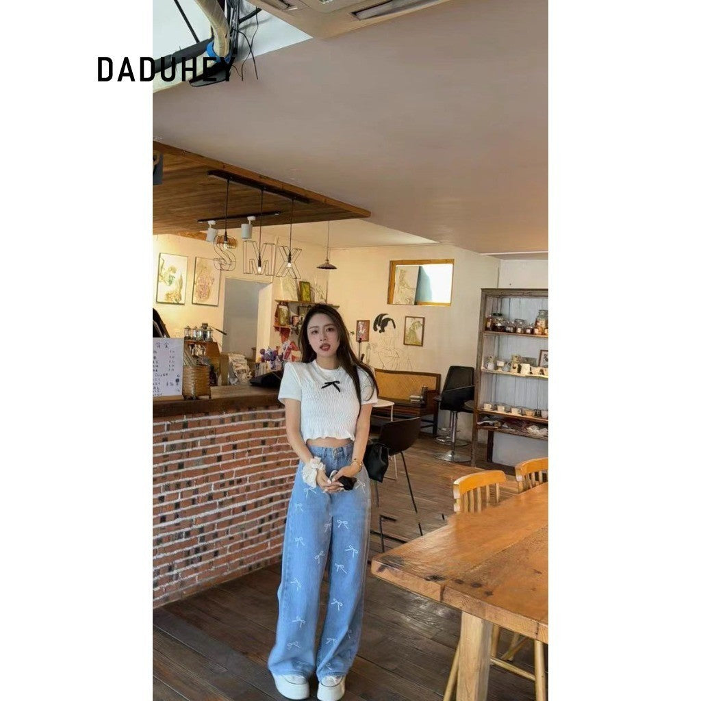 DADUHEY Printed Wide-Leg Jeans Women | Mid-High Waist Bow