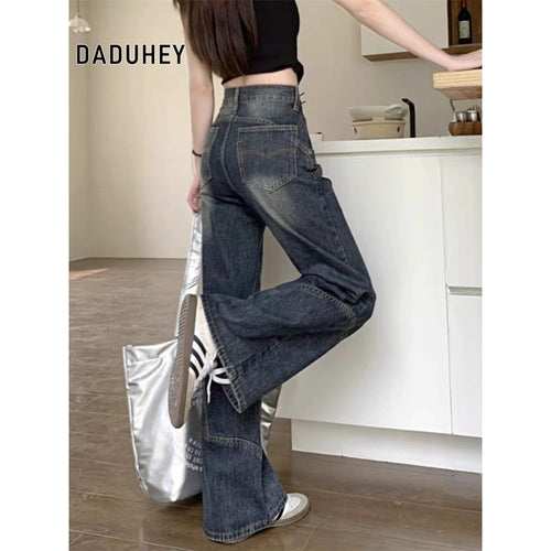 DADUHEY Blue Retro Wide-Leg Jeans Women | Washed Distressed Denim