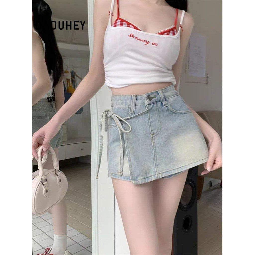DADUHEY Light Blue Denim Culottes Women | A-Line Lace-Up Shorts Skirt