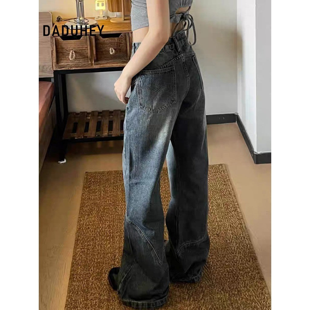 DADUHEY Blue Retro Wide-Leg Jeans Women | Washed Distressed Denim