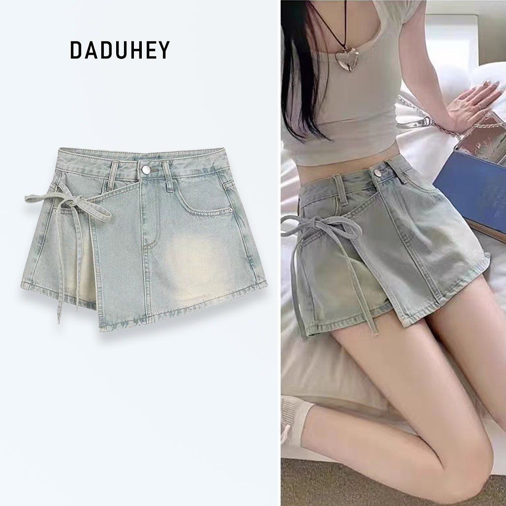 DADUHEY Light Blue Denim Culottes Women | A-Line Lace-Up Shorts Skirt