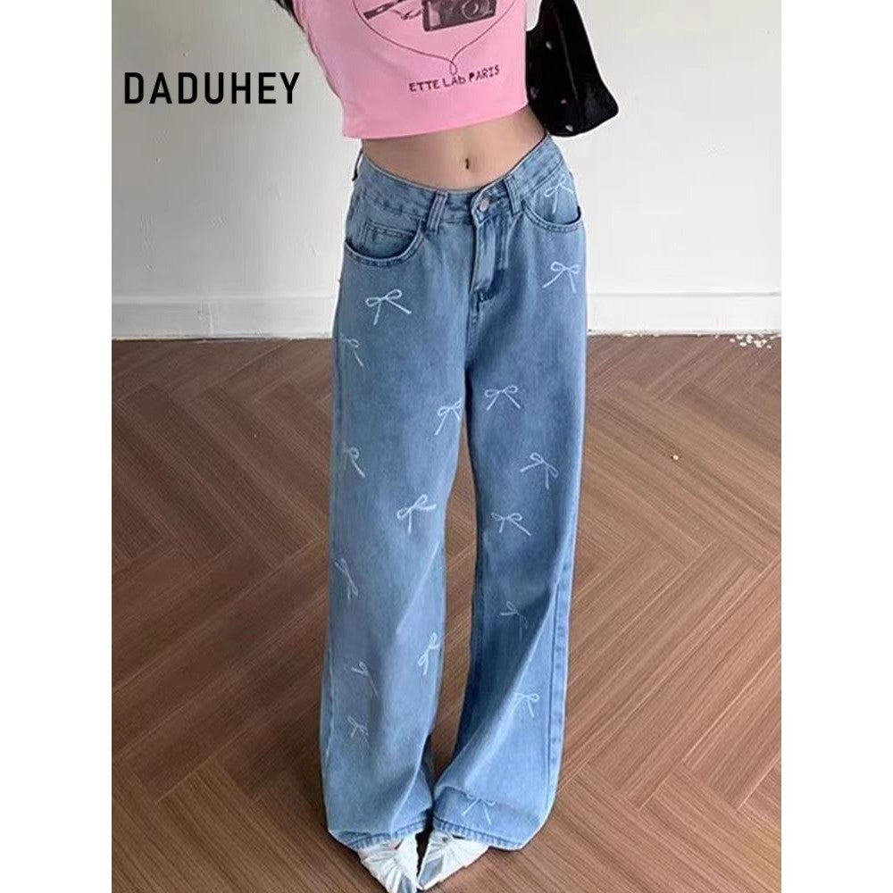 DADUHEY Printed Wide-Leg Jeans Women | Mid-High Waist Bow