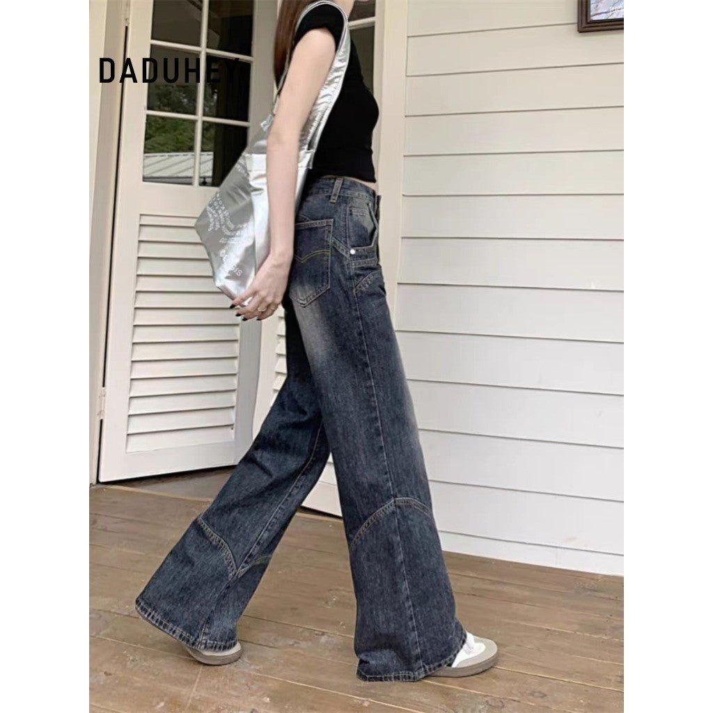 DADUHEY Blue Retro Wide-Leg Jeans Women | Washed Distressed Denim