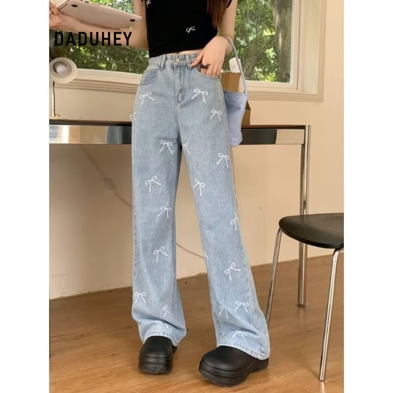 DADUHEY Printed Wide-Leg Jeans Women | Mid-High Waist Bow