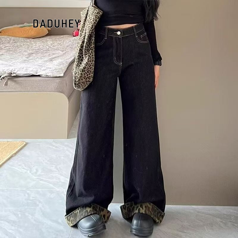 DADUHEY Leopard Print Wide-Leg Jeans Women | Retro Straight
