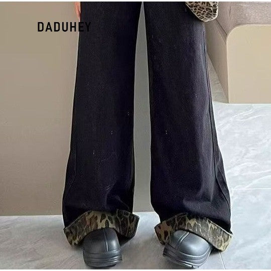 DADUHEY Leopard Print Wide-Leg Jeans Women | Retro Straight