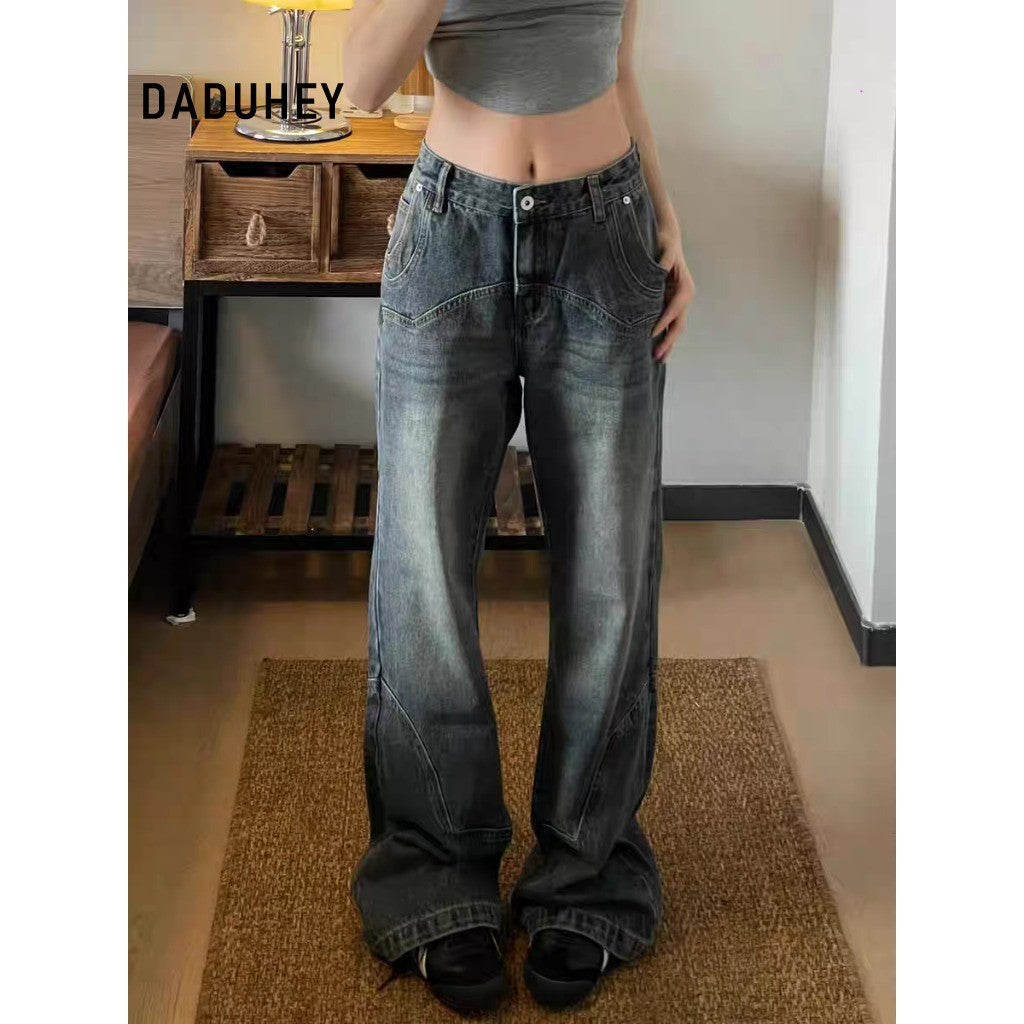DADUHEY Blue Retro Wide-Leg Jeans Women | Washed Distressed Denim