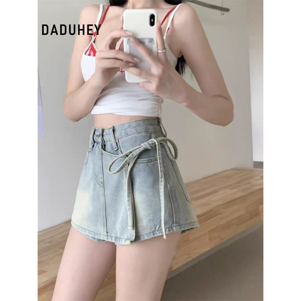 DADUHEY Light Blue Denim Culottes Women | A-Line Lace-Up Shorts Skirt
