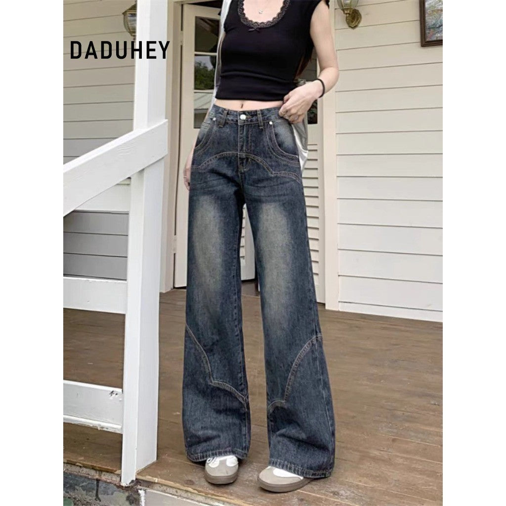 DADUHEY Blue Retro Wide-Leg Jeans Women | Washed Distressed Denim