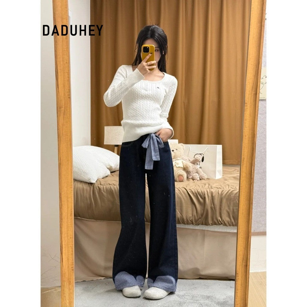 DaDuHey Palazzo JEANS Women Tali Busur Retro Rasa Reka Bentuk Lurus Flared Jeans High Waist