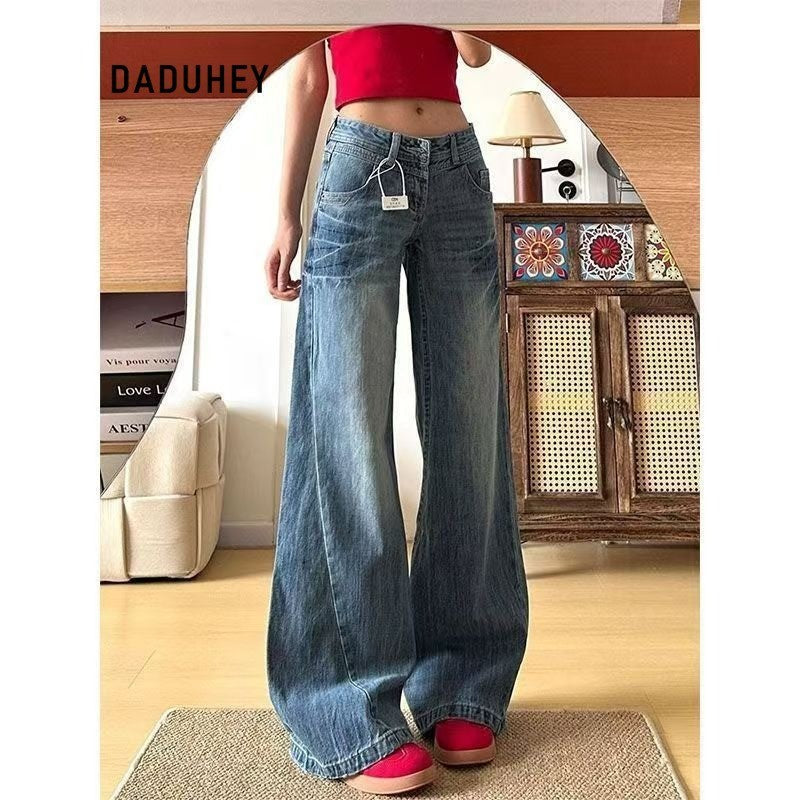 DaDuHey Straight Jeans Women's American Retro Hot Girl Low Waist Wide Leg High Slimming Mop Trousers