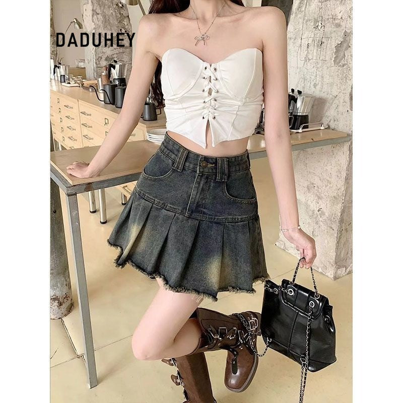 DADUHEY Blue Raw-Edge Denim Pleated Skirt Women | High-Waist A-Line