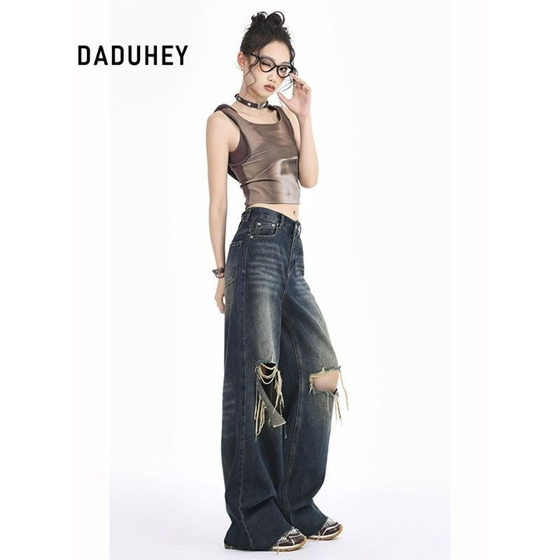 DADUHEY Blue Ultra-Thin Wide-Leg Jeans Women | Ripped Slimming Denim