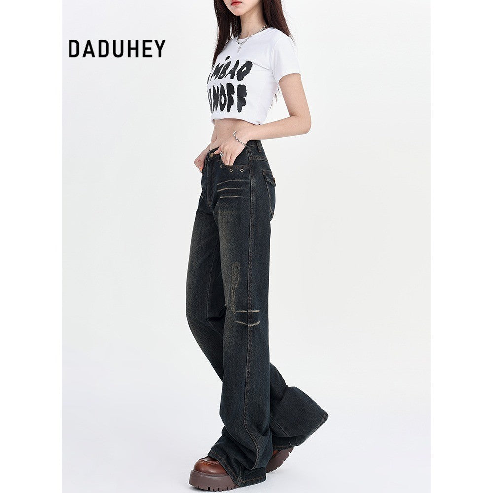 DaDuHey Summer New Retro Low Waist Loose Pear Shapes Straight Skinny Jeans for Women